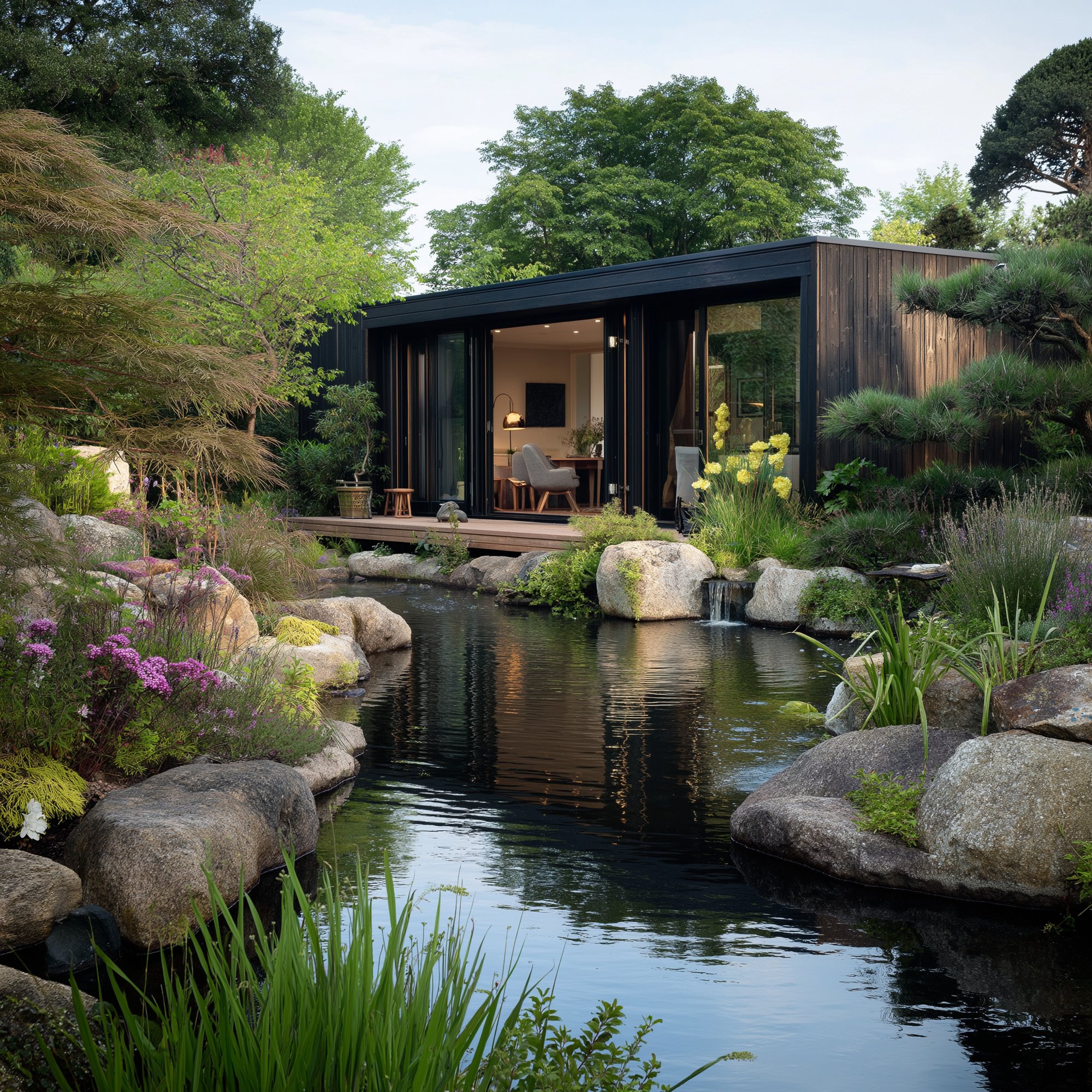 Ai generated image to help enable client to visualise the office and pond area.